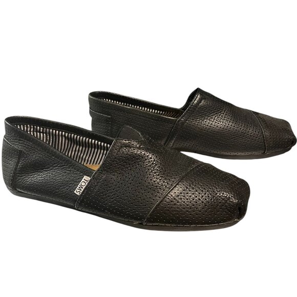 TOMS Black Perforated Leather Men's Classics Slip-On Shoes - Picture 2 of 8